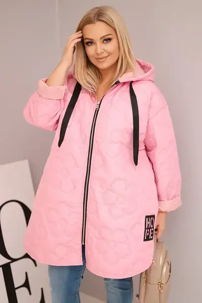 Kesi Włoski Dámská bunda Plus Size prošívaná s kapucí a nápisem HOPE cukrová růžová