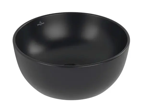 Villeroy & Boch Artis - Umývadielko na dosku, priemer 33 cm, bez prepadu, bez otvoru na batériu, CeramicPlus, Pure Black 438932R7