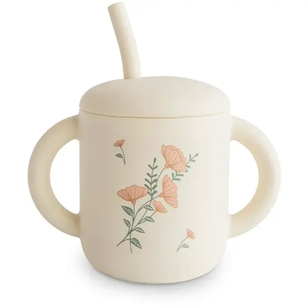 Mushie Silicone Training Cup Pink Flowers hrnek s brčkem 170 ml