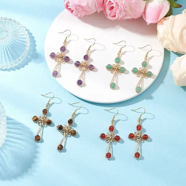 4 Pairs Brass Natural Gemstone Dangle Earrings
