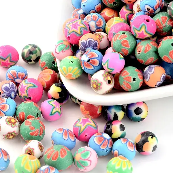 Handmade Flower Pattern Polymer Clay Round Beads
