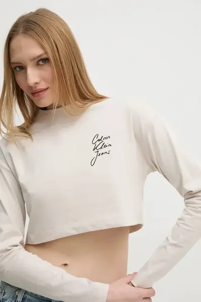 Bavlněné tričko s dlouhým rukávem Calvin Klein Jeans béžová barva, J20J224991