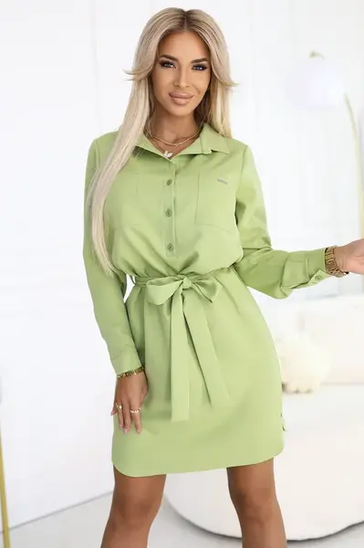 284-3 CAMILLE Shirt dress with pockets and ties - olive color