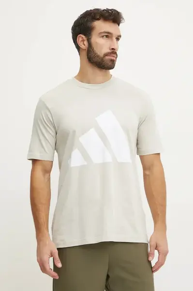 Bavlněné tričko adidas Essentials béžová barva, s potiskem, JE8933