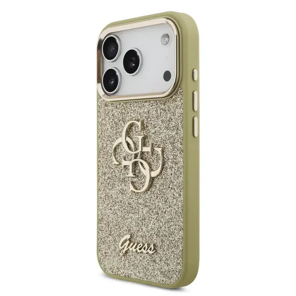 Zadní kryt Guess PU Fixed Glitter 4G Metal Frame pro Apple iPhone 17 Pro, zlatá