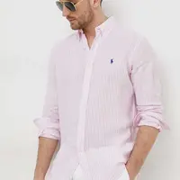 Lněná košile Polo Ralph Lauren růžová barva, regular, s límečkem button-down, 710873446
