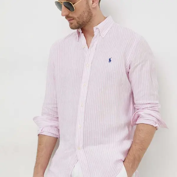 Lněná košile Polo Ralph Lauren růžová barva, regular, s límečkem button-down, 710873446