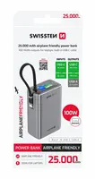 SWISSTEN POWER BANK CESTOVNÍ 25000 mAh (96.25Wh) 100W S INTEGROVANÝM KABELEM USB-C ŠEDÁ