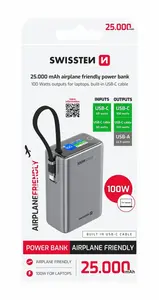 SWISSTEN POWER BANK CESTOVNÍ 25000 mAh (96.25Wh) 100W S INTEGROVANÝM KABELEM USB-C ŠEDÁ