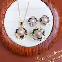 Camellia Alloy & Natural Freshwater Pearl & Natural Shell Pendant Necklace & Stud Earring & Ring