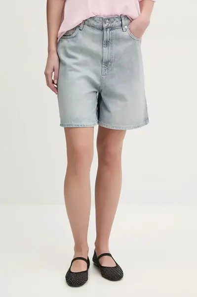 Džínové šortky HUGO dámské, modrá barva, hladké, high waist, 50538863
