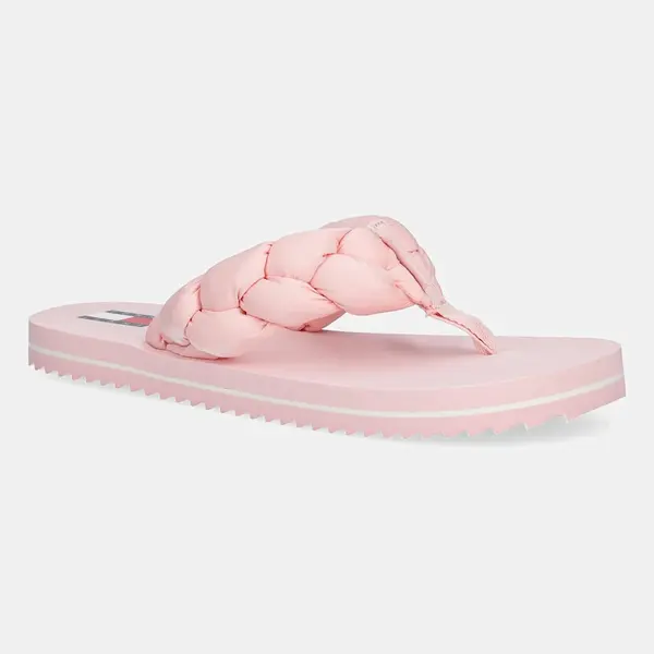 Žabky Tommy Jeans BRAIDED THONG BEACH SANDAL dámské, růžová barva, na plochém podpatku, EN0EN02877