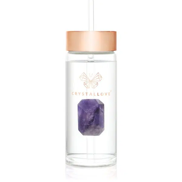 Crystallove Amethyst Straw Water Bottle skleněná láhev na vodu s brčkem 400 ml