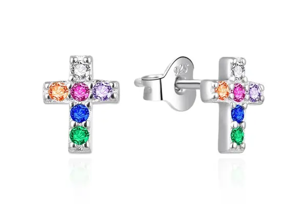 Agato Stříbrné náušnice Křížek s barevnými zirkony AGT-E169PC