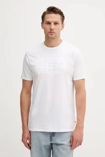 Bavlněné tričko Guess pánské, bílá barva, s potiskem, M5YI44 KBW41