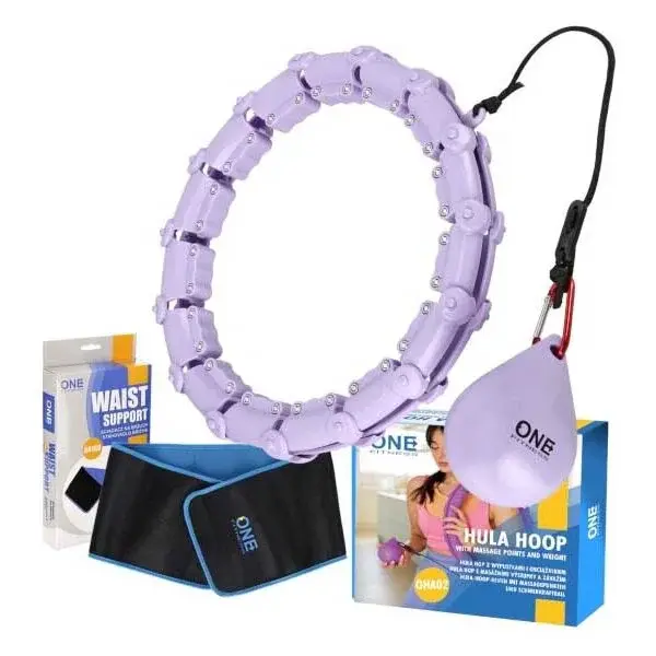 ONE FITNESS SET HULA HOOP + WAIST BELT Sada masážní obruče se závažím a zeštíhlujícího pásu, fialová, velikost