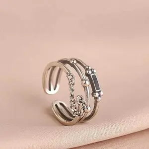 Rectangle 925 Sterling Silver Enamel Adjustable Cuff Rings for Women