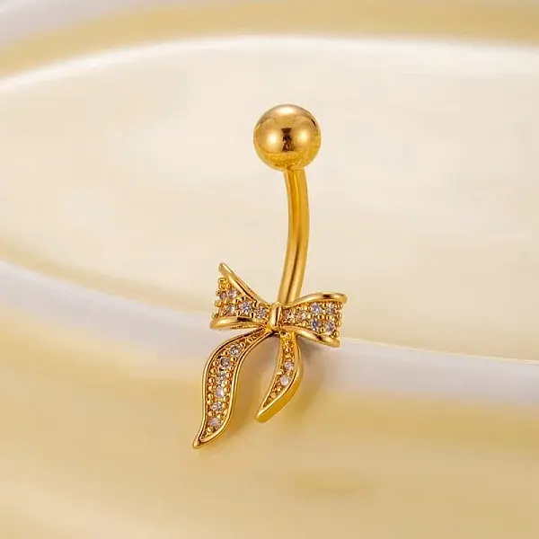Brass Pave Clear Cubic Zirconia Curved Barbell Bowknot Belly Rings