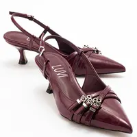 LuviShoes WOSS Burgundy Patent Leather Belt Detail Women's Heeled Shoes