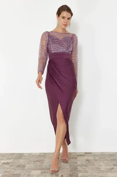 Trendyol Lilac Sequin Knitted Tulle Long Elegant Evening Dress