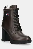 Kožené kotníkové boty Tommy Jeans TJW HEEL LACE UP BOOT dámské, hnědá barva, na podpatku, EN0EN02832