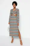 Trendyol Multi Color Cut Out Detail Printed Stretch Midi Knitted Dress