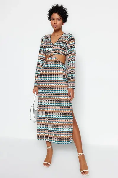 Trendyol Multi Color Cut Out Detail Printed Stretch Midi Knitted Dress