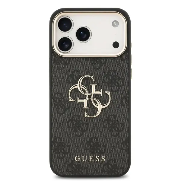 Zadní kryt Guess PU Leather 4G Metal Logo Gold Frame pro Apple iPhone 17 Pro Max, černá