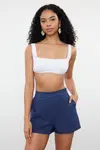 Trendyol Blue Woven Linen Blend 100% Cotton Beach Shorts & Bermuda
