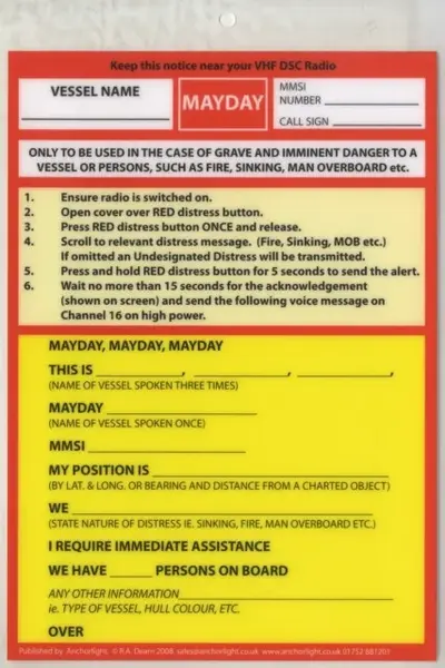 VHF DSC Mayday Procedure Card - Robert Dearn