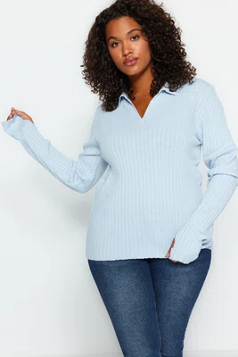 Trendyol Curve Světle Modrý Rukáv Konec Detailní Polo Neck Pletený Svetr