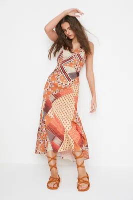 Trendyol Multicolor A-line Floral Print Strap Midi Woven Dress