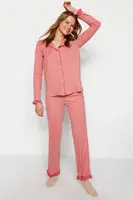 Trendyol Dusty Rose Ruffled Shirt-Pants Knitted Pajama Set