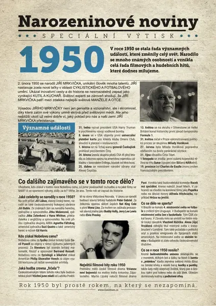Narozeninové noviny 1950 s vlastním textem a fotografií, S textem