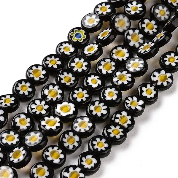 Handmade Millefiori Glass Lampwork Flat Round Bead Strands