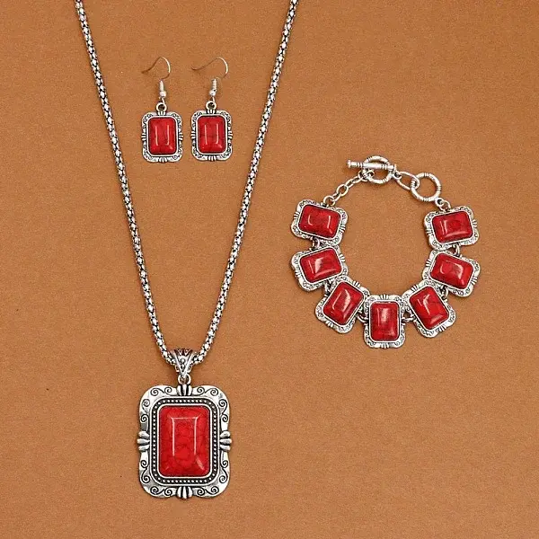 Rectangle Alloy with Synthetic Turquoise Pendant Necklaces & Dangle Earrings & Link Bracelets Sets