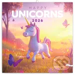 NOTIQUE Nástenný poznámkový kalendár Happy Unicorns (Veselé jednorožce) 2026