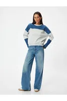 Koton Oversize Sweatshirt Color Block Crew Neck Zipper Detail Raised