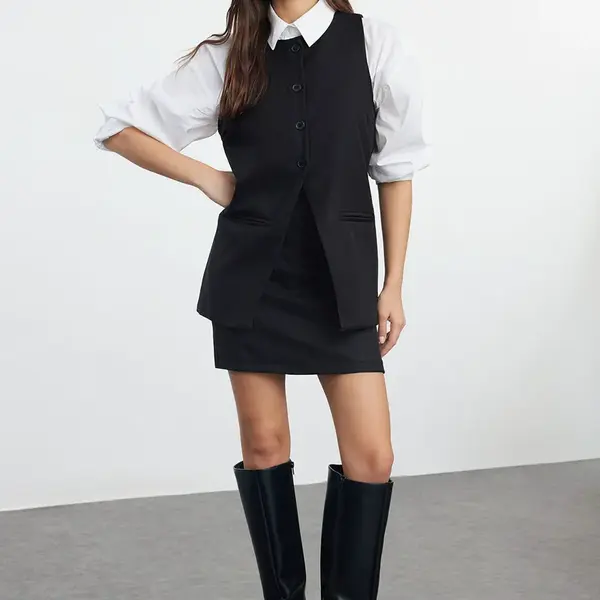 Trendyol Black Linen Look Woven Vest-Skirt Set