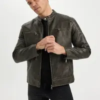 DEFACTO Slim Fit Faux Leather Coat Jacket Slim Cut Stand Collar Zippered Pocket Lined Seasonal