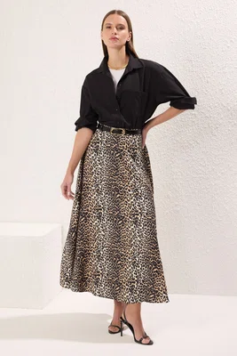 Trendyol Brown Leopard Patterned Woven Skirt
