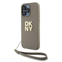 Zaní kryt DKNY PU Leather Stack Logo Wrist Strap pro Apple iPhone 14 Pro Max, béžová