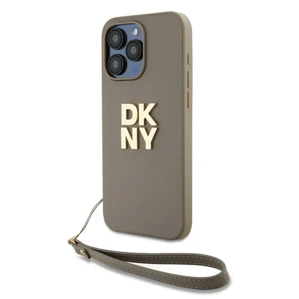 Zaní kryt DKNY PU Leather Stack Logo Wrist Strap pro Apple iPhone 14 Pro Max, béžová