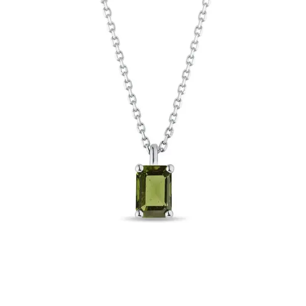Náhrdelník z bieleho zlata s vltavínom vo výbruse emerald KLENOTA
