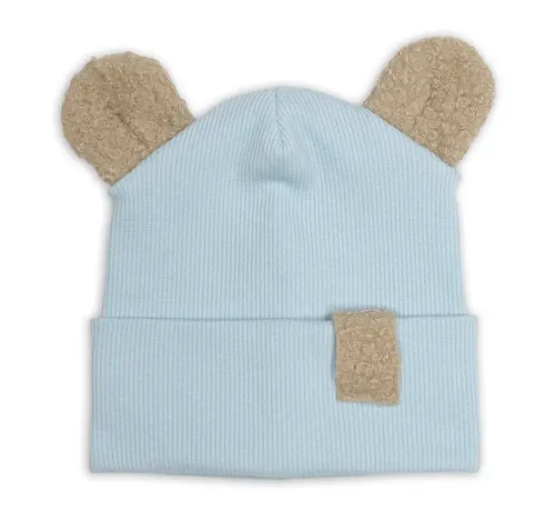 Baby Nellys Dvouvrstvá žebrovaná čepička s oušky boucle medvídek - modrá, 68/74