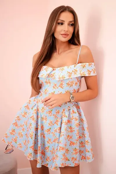 Kesi Włoski Dámské květované rozšířené šaty s odhalenými rameny modrý