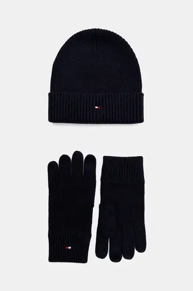 Čepice a rukavice s příměsí kašmíru Tommy Hilfiger 2-pack tmavomodrá barva, AM0AM13806