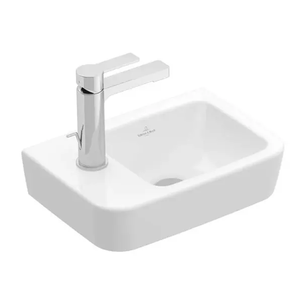 Villeroy & Boch O.novo - Umývadielko Compact 36x25 cm, bez prepadu, otvor na batériu vľavo, AntiBac, CeramicPlus, alpská biela 434237T2