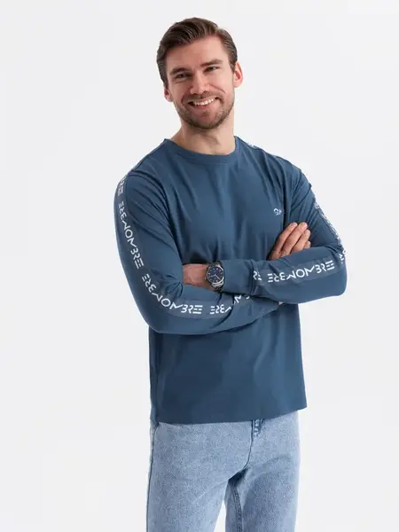 Ombre Men's cotton U-neck longsleeve with piping and chest print - dark blue