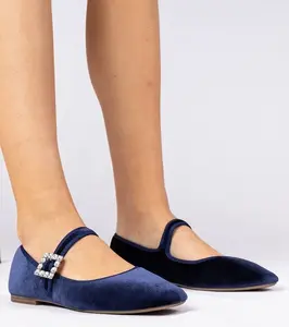 Gemre Navy blue women's velour ballet flats with a buckle Kvitta